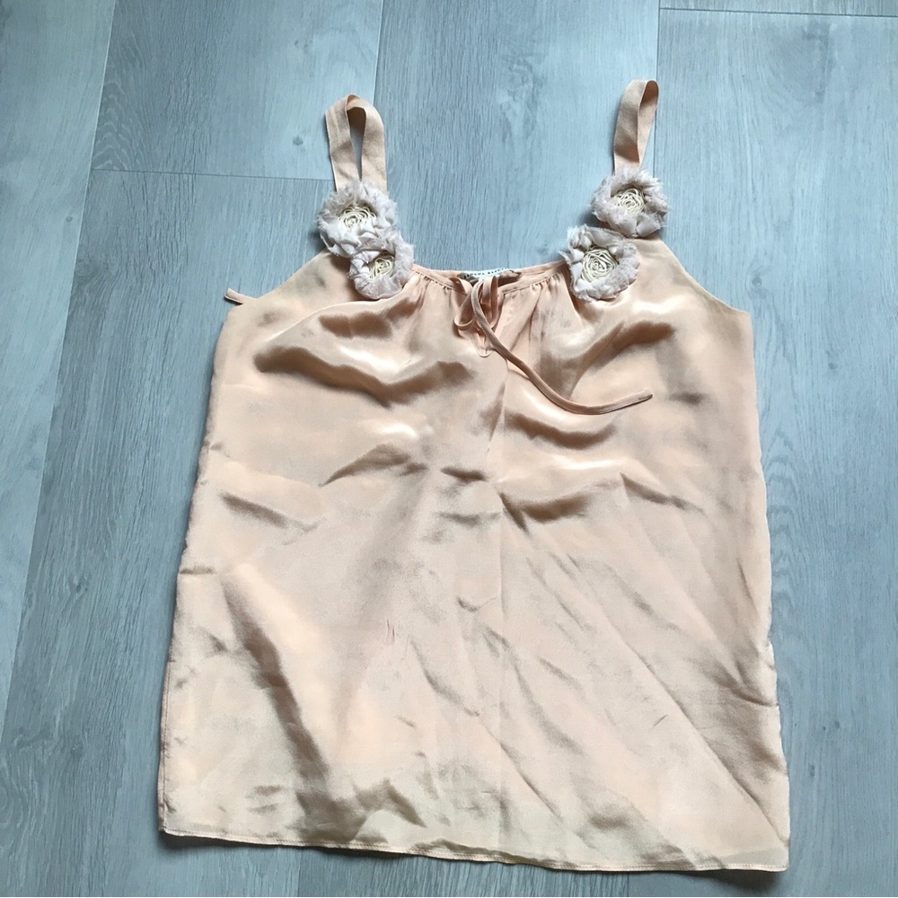 BANANA REPUBLIC 100% SILK ROSETTE APPLIQUÉ ANTIQUE PEACH COTTAGE CORE WOMENS XS